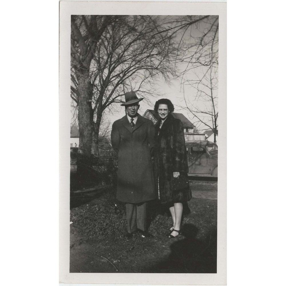 Vintage 1940s Snapshot Couple Fur Coat Fedora Winter Fashion Photo